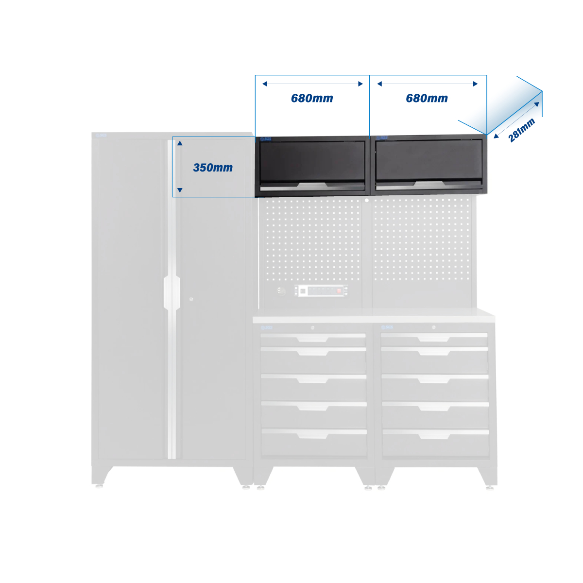 SGS 7pc Modular Garage Storage | 10 Drawers | Stainless Steel Worktop | 2x Upper Cabinets | Tall Double Cabinet | Pegboard with Power Strip